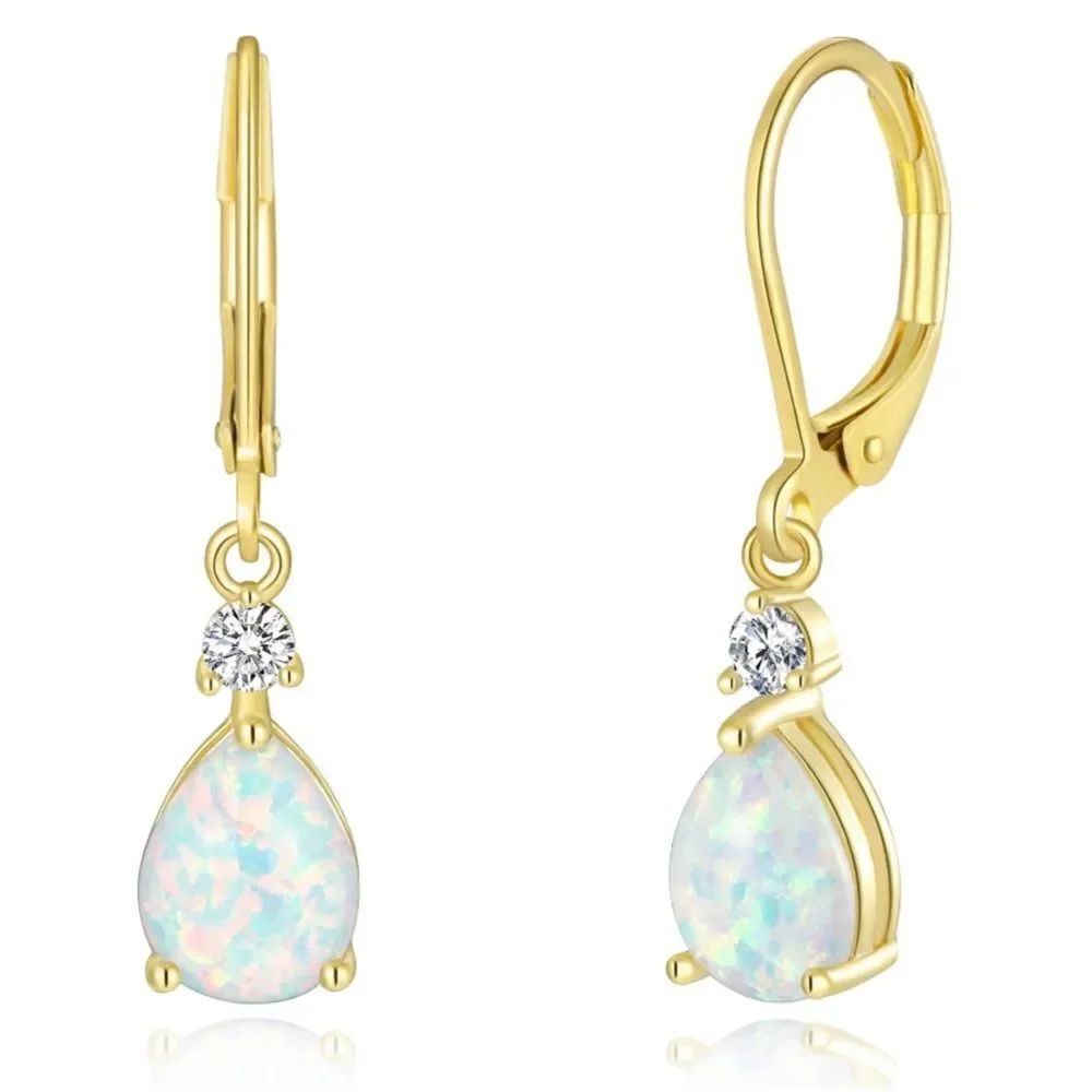 14K Yellow Gold with Genuine White Fire Opal and CZ Teardrop Leverback Earrings